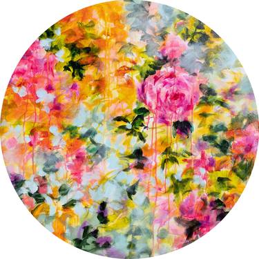 Psychedelic vintage flowers - floral painting on round canvas ARTIMPULSE thumb