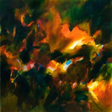 Nocturne abstract. Autumn time : red glowing embers in the fireplace - Orange and dark green thumb