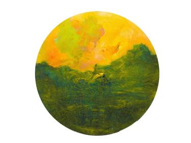 Green landscape with yellow sky - oil on circular canvas thumb