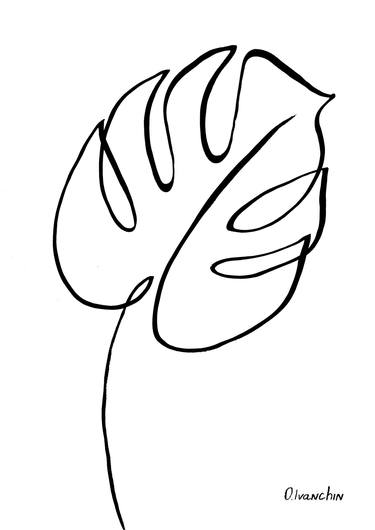 Monstera leaf. Singleline art style. Minimalistic art. thumb