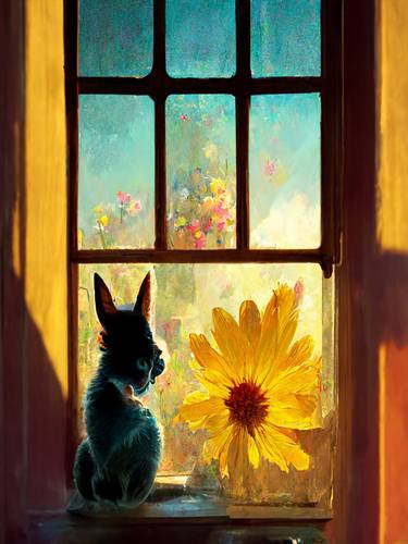 A cute cat beside the window with the sunshine & flower thumb