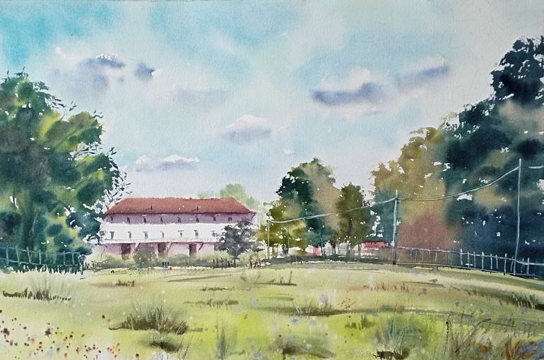 Original Other Painting by Svetlana Avramenko | Contemporary Art on Paper | White house in a sunny day