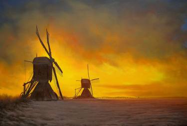Dutch Windmills in a Winter landscape thumb