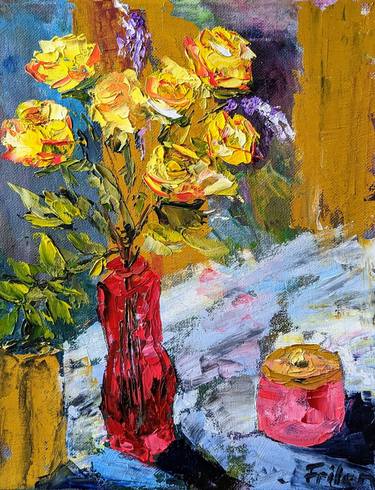 Bright yellow roses in a red vase thumb