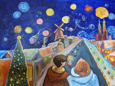 Oil painting on canvas in stretcher. A magical Christmas night thumb