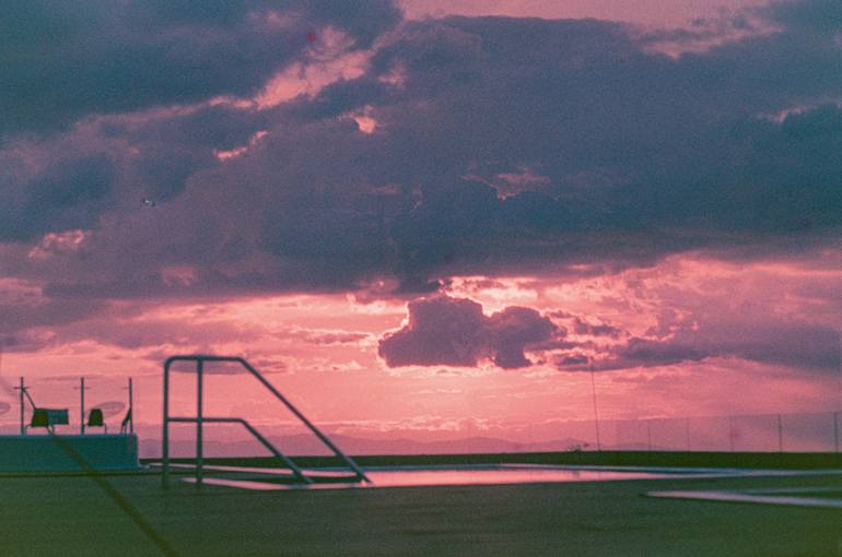 Original Architecture Photography by Hannah Pratt | Figurative Art on Paper | Sunset by the Pool in Quindio