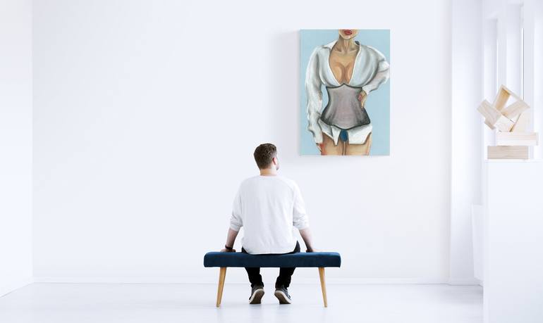 SEXY GIRL WITH BIG BOOBS LIGHT BLUE BACKGROUND large print Printmaking by  EP EL