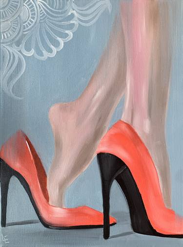 I'M AT HOME, DARLING - OIL ON CANVAS SEXY PAINTING RED HIGH HEELS thumb