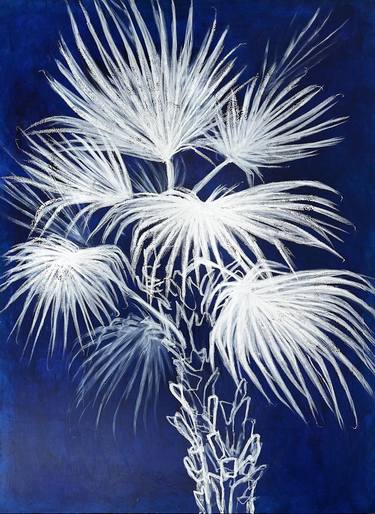 "The palm tree" - original large painting in dark blue and white thumb