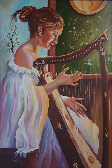 Girl playing the harp Painting by Wojciech ADALBERTO Matuszny