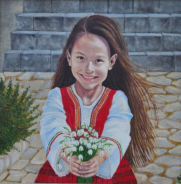 Original Children Painting by Miglena Dyankova | Realism Art on Canvas | "The Little Girl with Snowdrops"