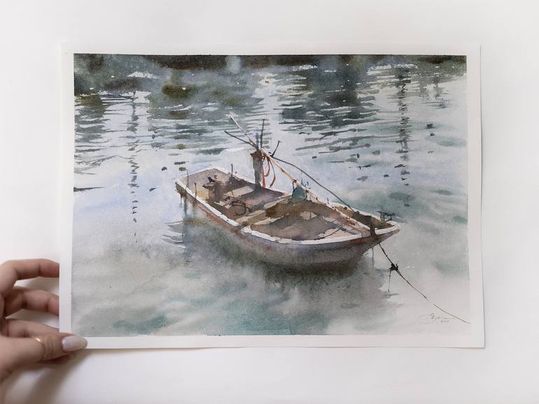 Original Impressionism Boat Painting by Ekaterina Pytina