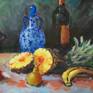 Original  Acrylic Paint on Canvas.
Traditional, Fruit and Bottle  on Table...
This work was inspired by late century Russian painters..
I painted this painting after I studied with Vincent Farrell at his Laguna Beach Art Gallery/studio.
This painting has Italian Wood Frame.
This work will ship with  frame, but if collector is not interested in the frame, frame  would be removed ,and The art work will be shipped without frame.