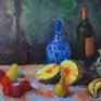 Original  Acrylic Paint on Canvas.
Traditional, Fruit and Bottle  on Table...
This work was inspired by late century Russian painters..
I painted this painting after I studied with Vincent Farrell at his Laguna Beach Art Gallery/studio.
This painting has Italian Wood Frame.
This work will ship with  frame, but if collector is not interested in the frame, frame  would be removed ,and The art work will be shipped without frame.