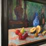 Original  Acrylic Paint on Canvas.
Traditional, Fruit and Bottle  on Table...
This work was inspired by late century Russian painters..
I painted this painting after I studied with Vincent Farrell at his Laguna Beach Art Gallery/studio.
This painting has Italian Wood Frame.
This work will ship with  frame, but if collector is not interested in the frame, frame  would be removed ,and The art work will be shipped without frame.