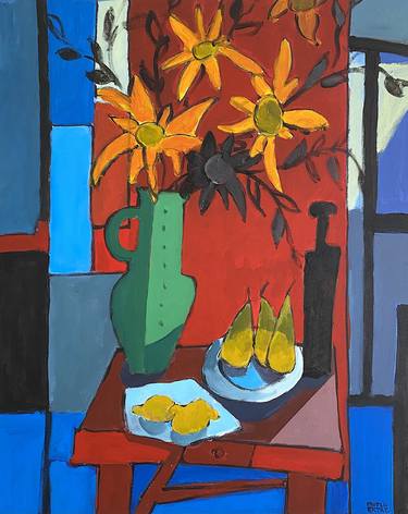 Green Vase on Red Table with Fruits. thumb