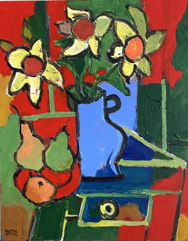 Blue Vase with Flowers and Fruits on Plate. thumb