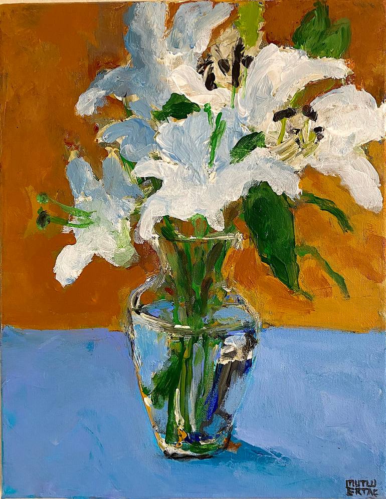 Bowl of Fruits and Flowers in Vase on Table Painting by Mutlu