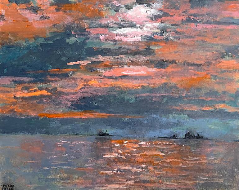 Original Seascape Painting by Mutlu Ertac | Expressionism Art on Canvas | Thessaloniki Port at Sunset