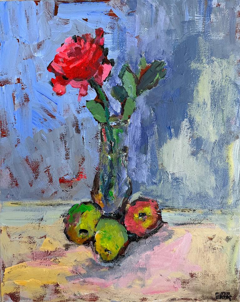 Original Still Life Painting by Mutlu Ertac | Impressionism Art on Canvas | Still Life with Red Rose , Vase, and Fruit.