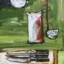 Original Acrylic Paint and Ink on Canvas.green,utensils, kitchen, table, flowers