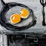 Original Acrylic Ink and Paint on Canvas Panel .
Post Impressionistic, expressionistic and modern art combined to give these everyday objects such as ordinary eggs in a a pan to life...Almost you are ready to have breakfast...
