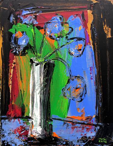 Still Life with Flowers in White Vase on Blue Background thumb