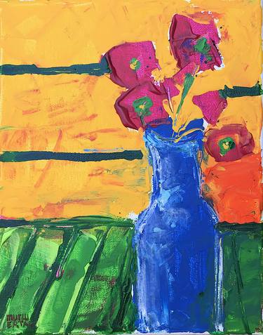 Flowers in Blue Vase on Yellow Background. thumb