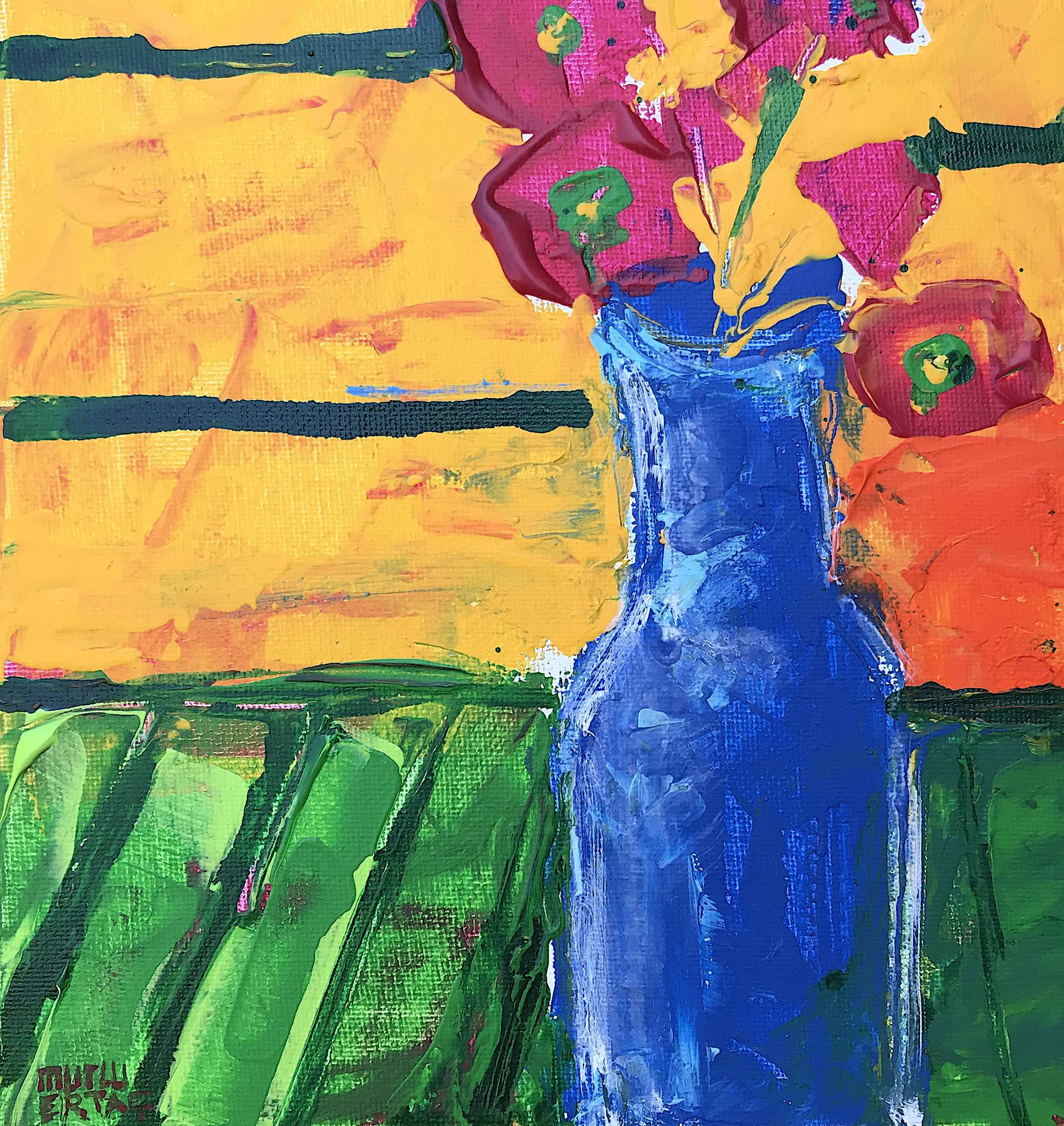 Serene Symphony: Acrylic Still Life Painting of Yellow Flower in Blue Vase  - Art Lovers Australia