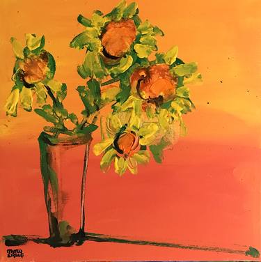 SunFlowers in Vase with Orange Yellow Background thumb