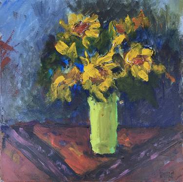 Yellow Flowers in Green Vase. thumb
