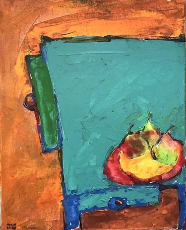 Three Pears on Blue Table. thumb