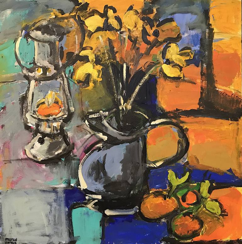 Lantern and Vase of Flowers Painting by Mutlu Ertac | Saatchi Art