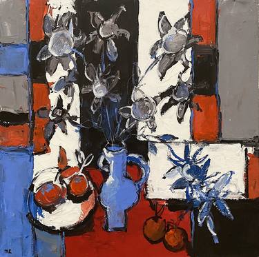 Blue Vase of Flowers on Red Table thumb