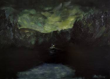 Starlight Night on the lake Synevyr, Ukraine, Oil Painting thumb