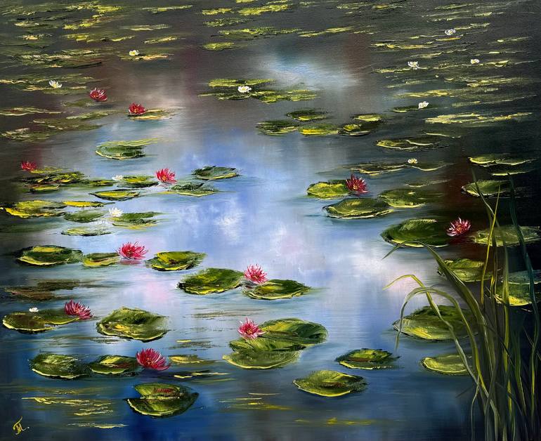 Original Landscape Painting by Tanja Frost | Impressionism Art on Canvas | Water Lilies on the Mirror Lake