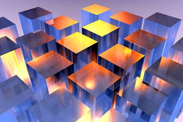 3d rendering glass cubes in orange light thumb