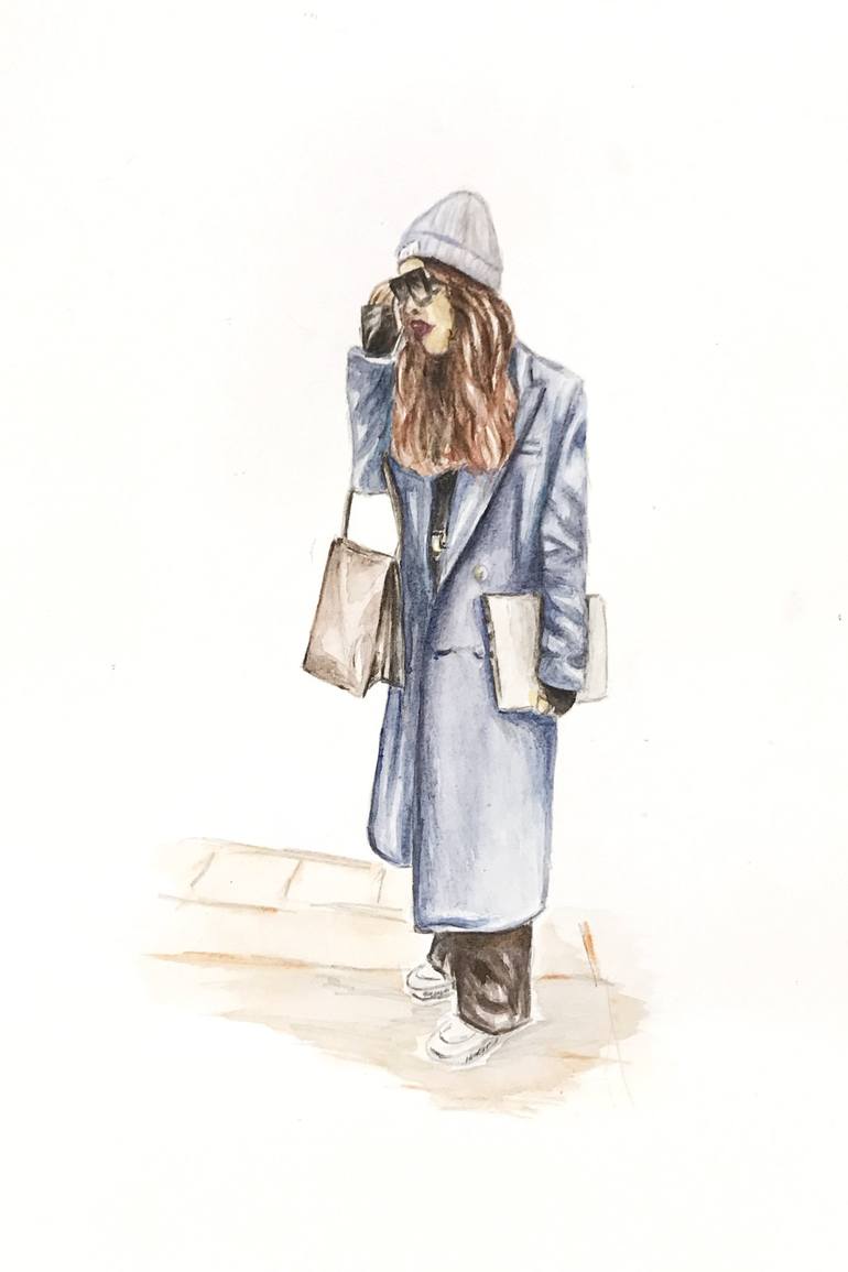 Fashion girl, blue coat, brown bag - Print