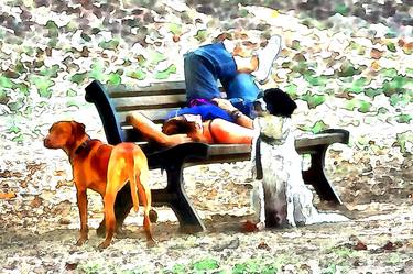 Girl at the park, she remarries on the bench with two dogs thumb