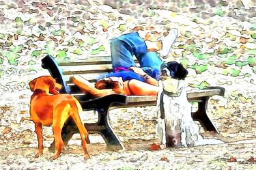 Girl resting stretched on the bench at the park with two dogs thumb