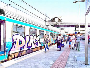 Train with street art and travelers on the station platform image