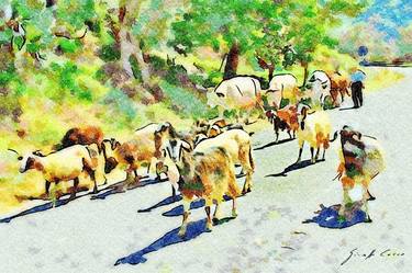 Shepherd with cows and goats on the road thumb