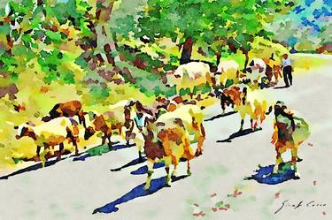 Shepherd with cows and goats on the road thumb