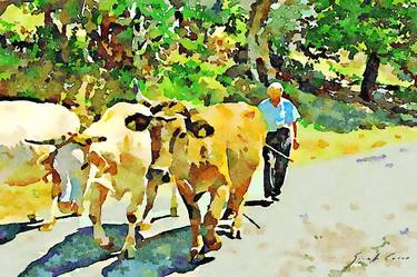 Shepherd with cows on the road thumb