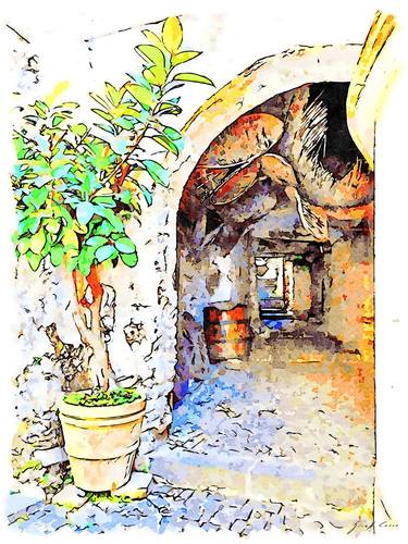 Agropoli: view plant and Alley with pots, barrel and two wagon wheels thumb