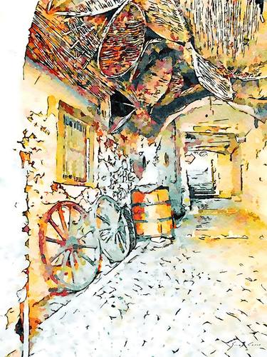 Agropoli: view Alley with pots, barrel and two wagon wheels thumb