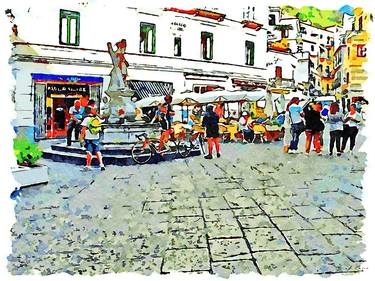 View of the square of the Cathedral of Amalfi with fountain and cafe thumb