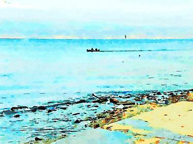 Seagull in flight and boat on the blue sea thumb