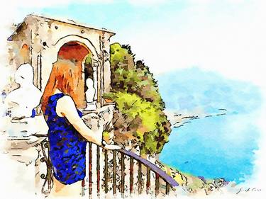Ravello: woman looking out from the balcony of Villa Cimbrone thumb