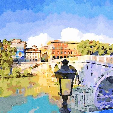 Roma: glimpse with lampost and bridge on the Tevere river thumb